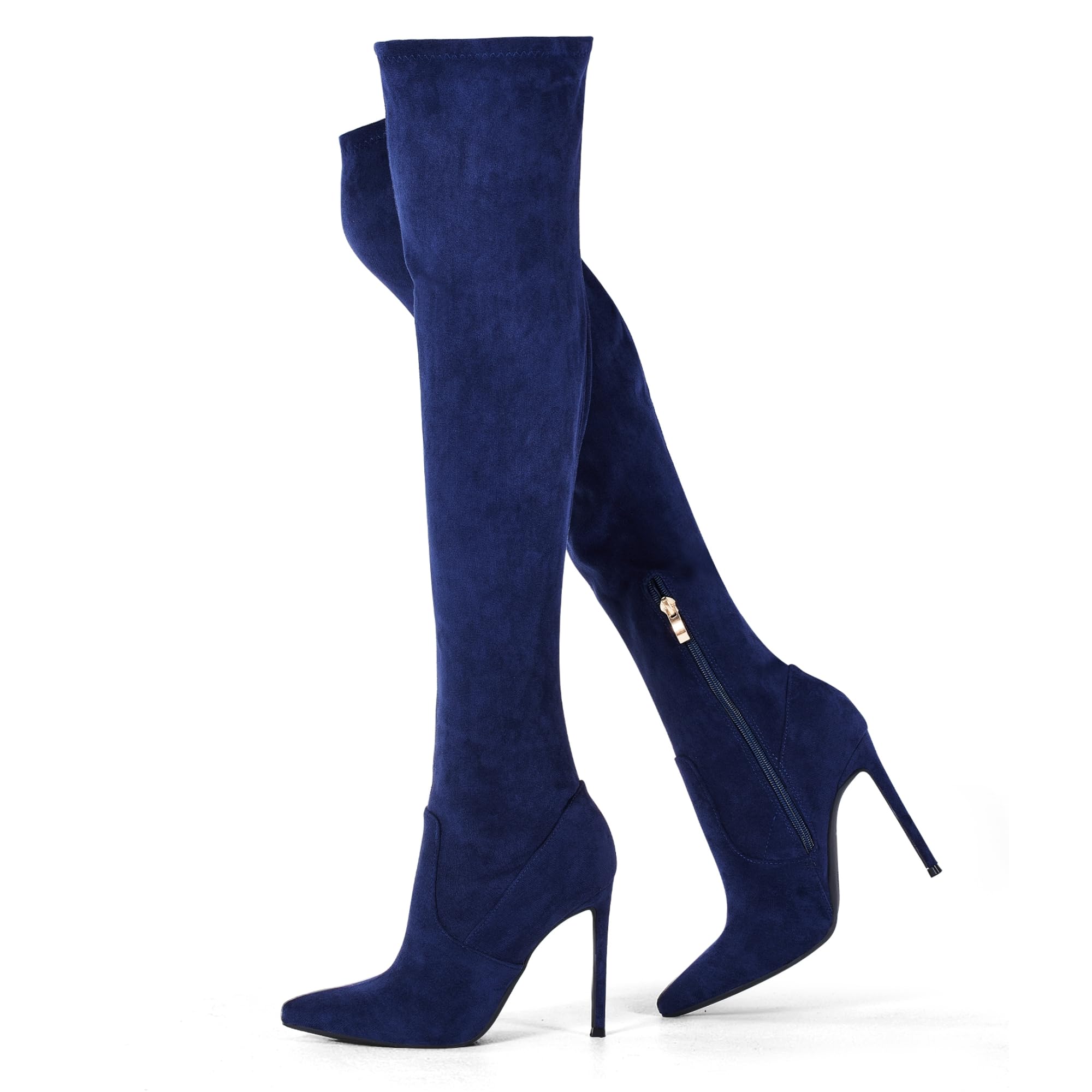 GENSHUO Botas altas hasta el muslo para mujer con tacón de 11 cm de alto, piel de ante sintética, punta sexy, botas largas con tacón de aguja