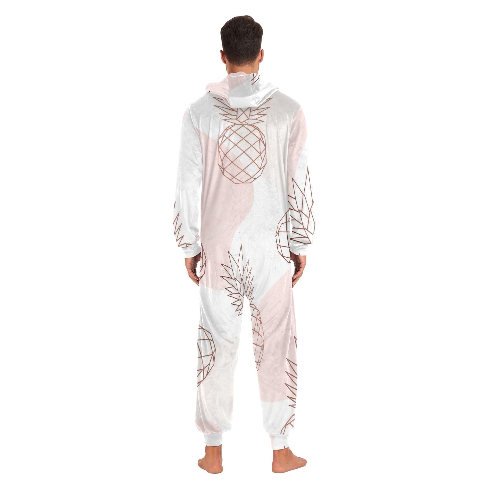 Pigiama intero natalizio con ananas, bianco e rosa, per adulti, unisex, in morbido pile con cappuccio e cerniera