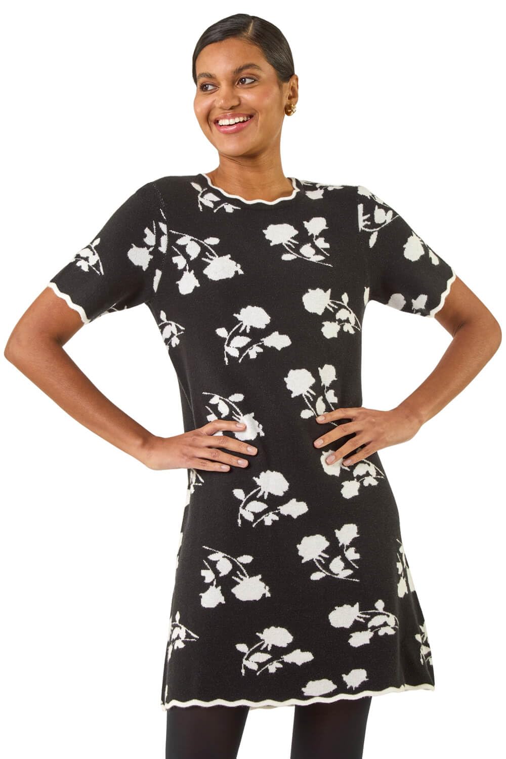 Roman Women's Black Floral Print Scallop Knitted Dress In | Size: 18