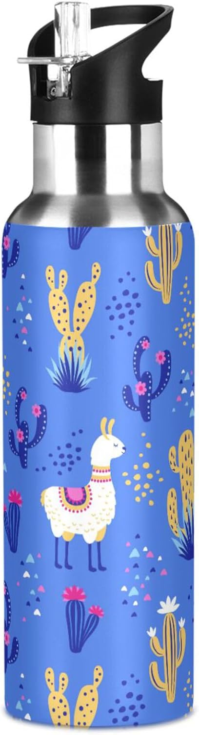 ZZKKO Water Bottle with Straw Animal Llama Cactus Blue Stainless Steel Iron Flask Capsule Water Bottle Daily Water Intake Bottle Thermos Kids Cups No Spill Women Adult 20OZ/600ML