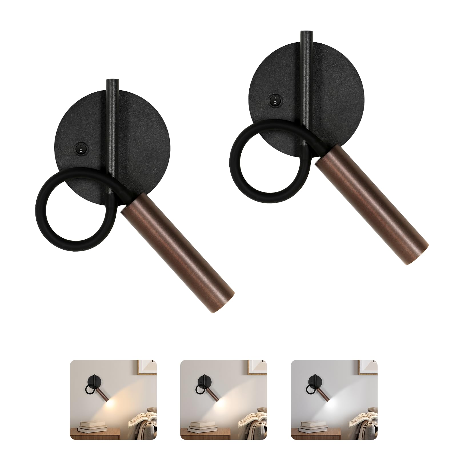 2 Stücke Leselampe Wandmontage, 3 Warmweiß Kaltweiß Neutralweiß | 360° Schwenkbar LED Wandleuchte Innen, Leselampe Wand, für Nachttisch,Café, Mit Schalter