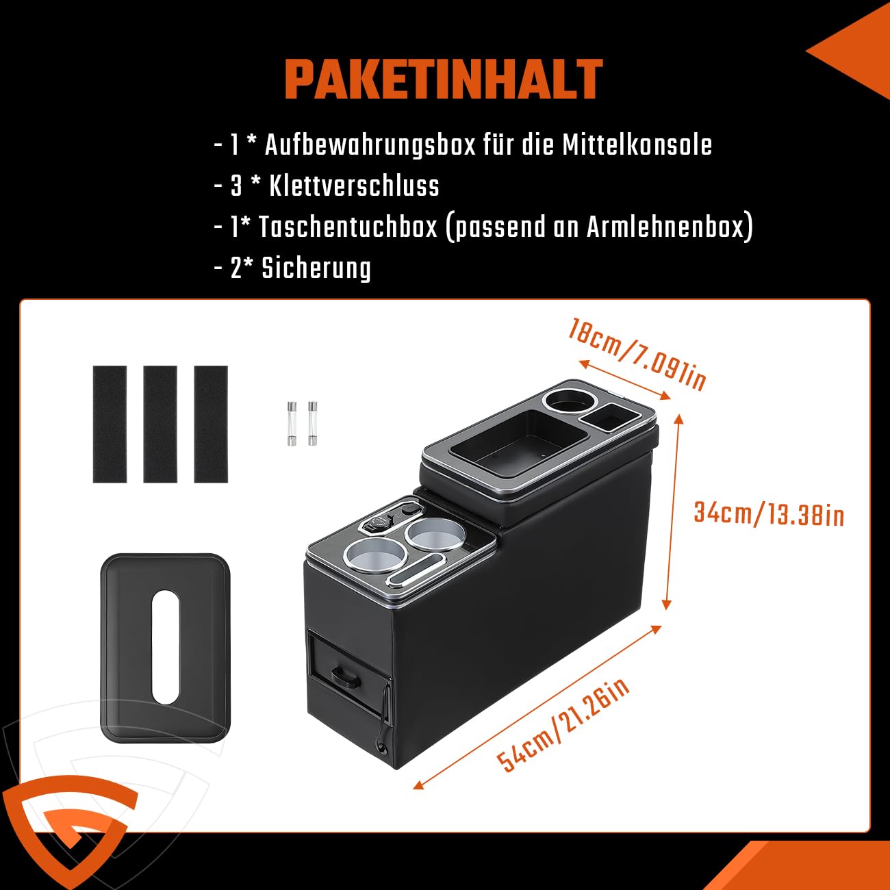 GEARMONSTER Mittelkonsole mit USB Aufladestation und Getränkehalter für VW T4 T5 T6 T6.1 T7 | 7-farbige Ambientebeleuchtung, Schwarzes Kunstleder mit Chrom-Zierleisten, Zigarettenanzünder, Praktischer Taschentuchhalter