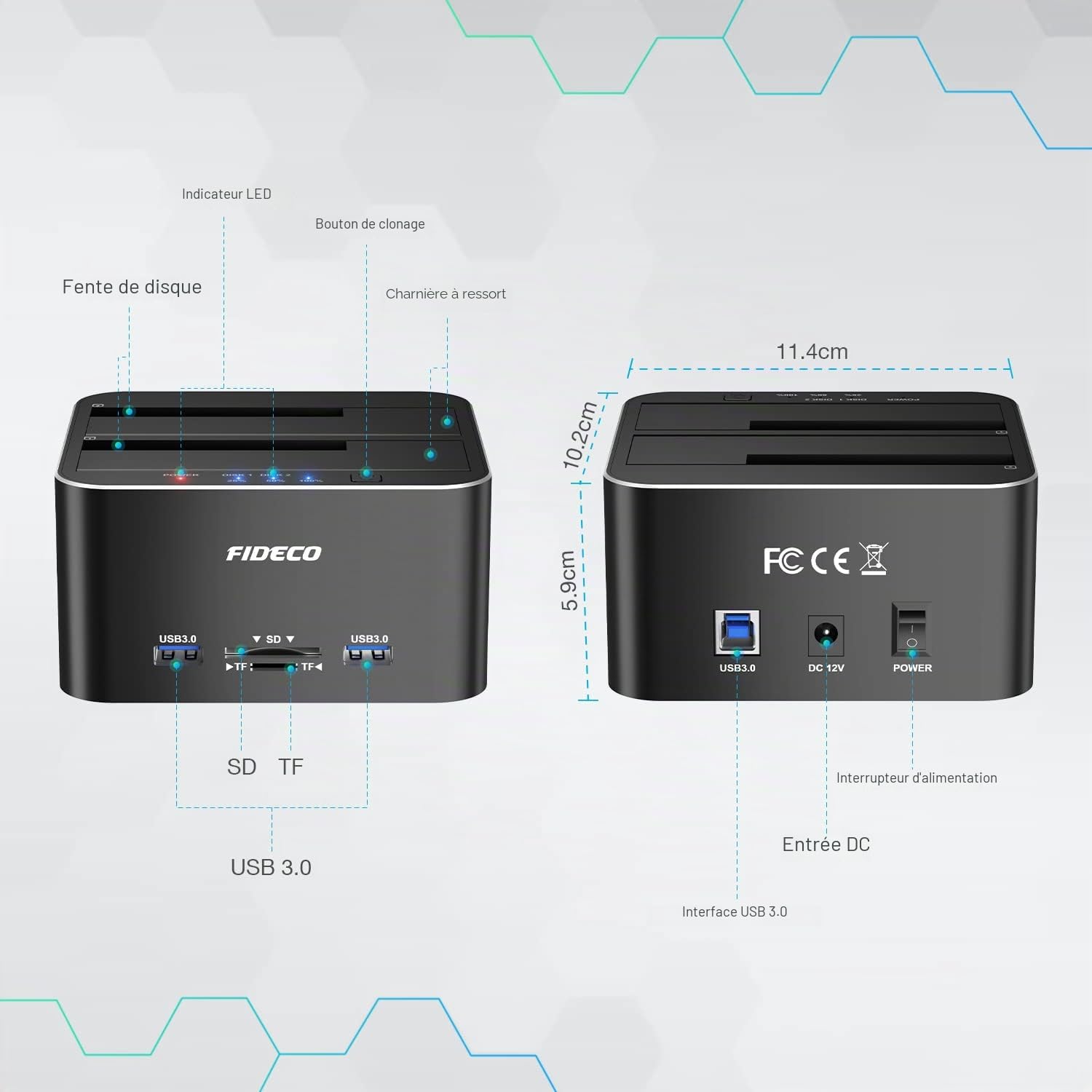 FIDECO Station d'accueil pour Disque Dur, USB 3.0 Aluminium Stations d'accueil pour Disque Dur 2,5"/3,5" SATA HDD SSD, Lecteur de Carte TF et SD, Prise en Charge du Clone Hors Ligne