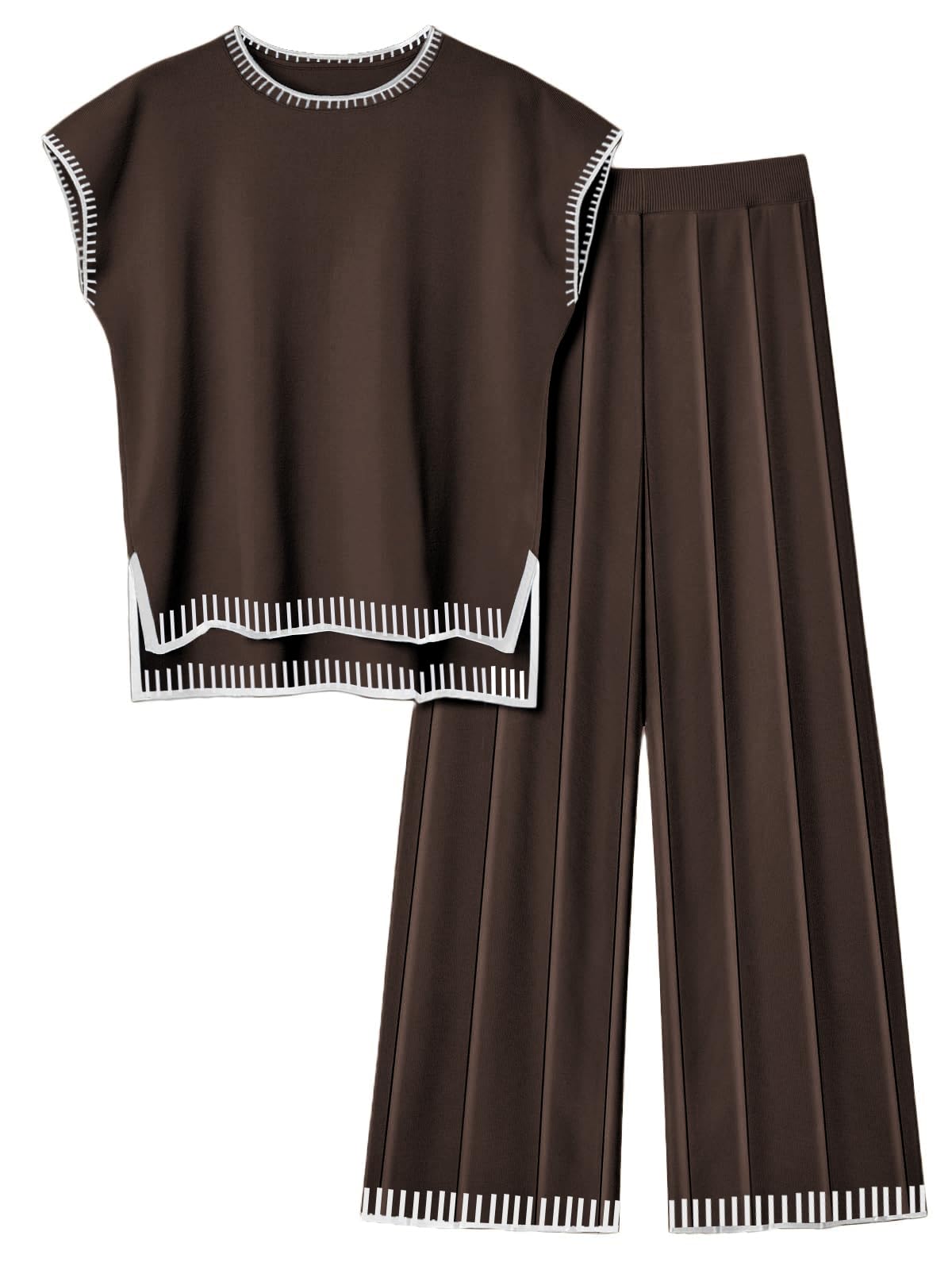 Ekouaer Womens Matching Sets Knit Sweater Sets 2 Pieces Lounge Set | Pullover Tops Wide Legs Pants Casual Outfits Coffee X-Large