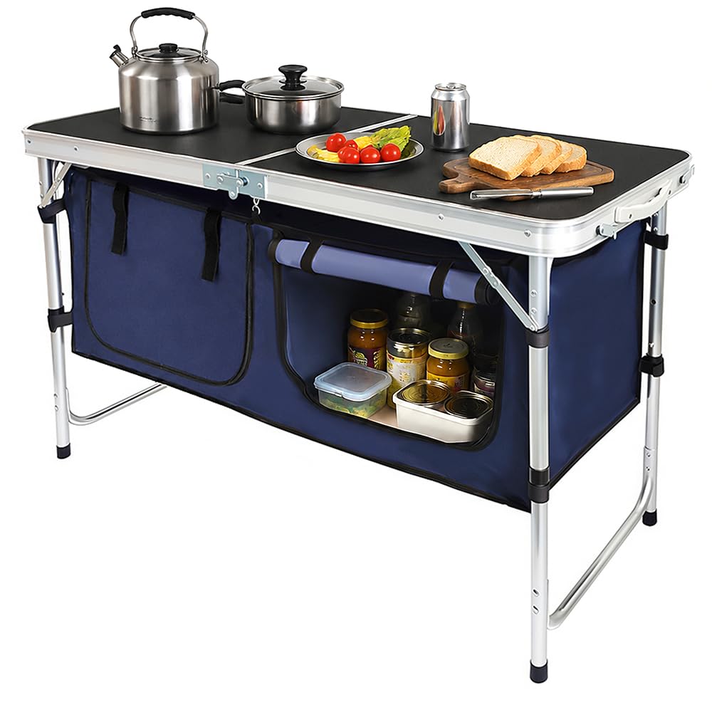 Campingküche faltbar, Leicht Campingschrank mit Aluminiumgestell und Staufach Tragetasche, Camping Küche Küchenbox Zeltschrank, Reiseküche für Outdoor Camping