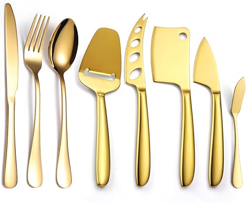 Miniatura 15 de Juego de 8 cuchillos de queso negro con cuchillo de comedor, tenedor, cuchara de acero inoxidable, multifuncional, utensilios de cocina, utensilios