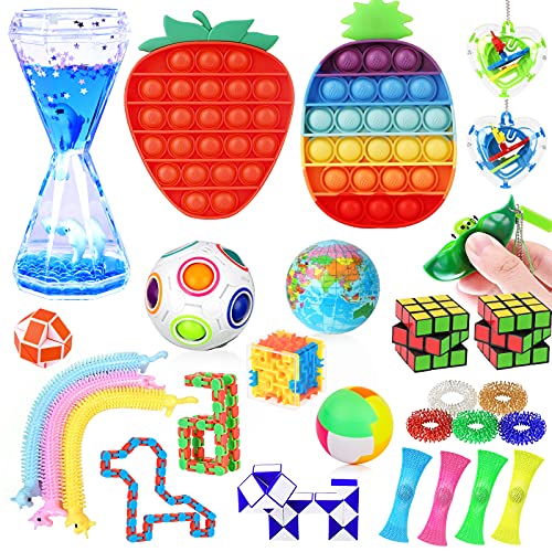 Fidget Poppers Popit Toy Pack Push Pop Bubble Popping Set It Mini Poppet Figit Package Figetget Spinners, Infinity Rubiks Cube Stress Relief Balls w Sensory Toys for Autistic ADHD Kids Girls (Style 1)
