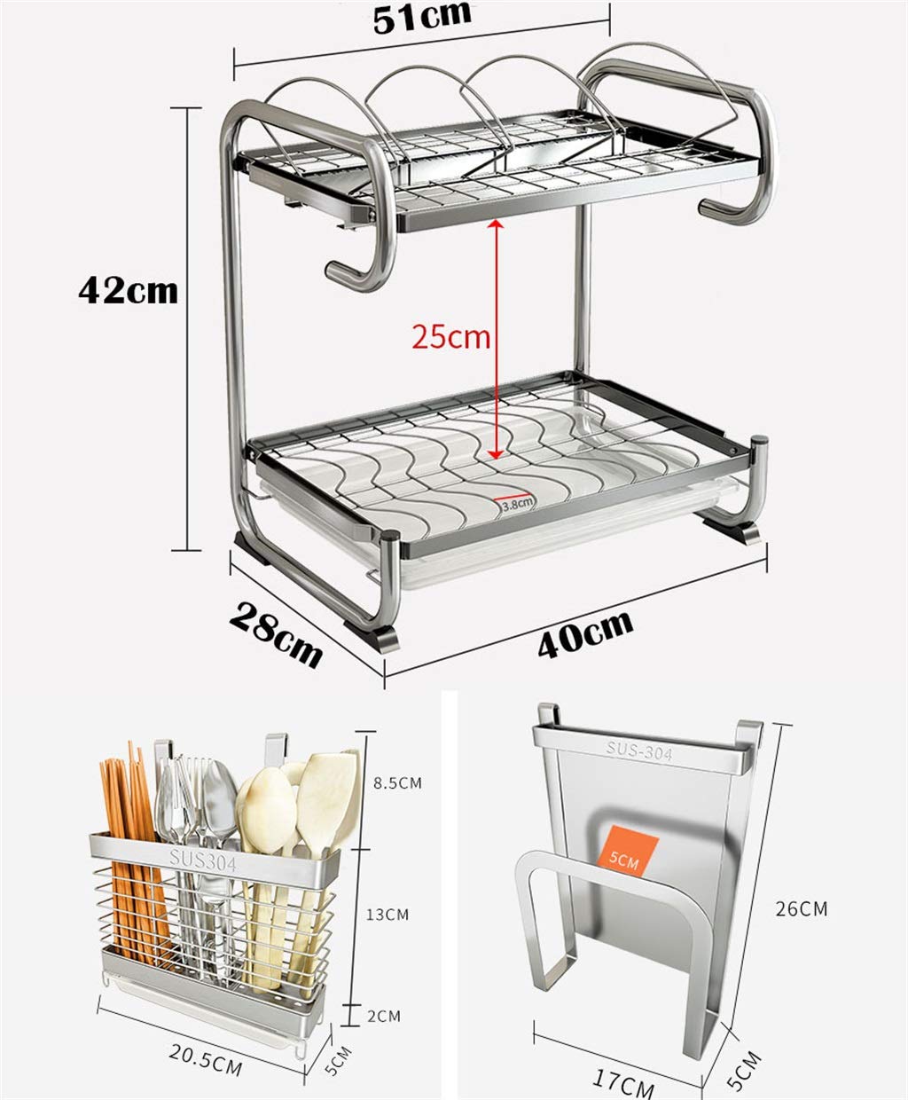 Küchenabtropfgestell Wäscheständer | Multifunktions 2-Tier rostfrei Edelstahl Abtropfgestell Besteckhalter Organisation Regal mit Abtropfschale, Silber