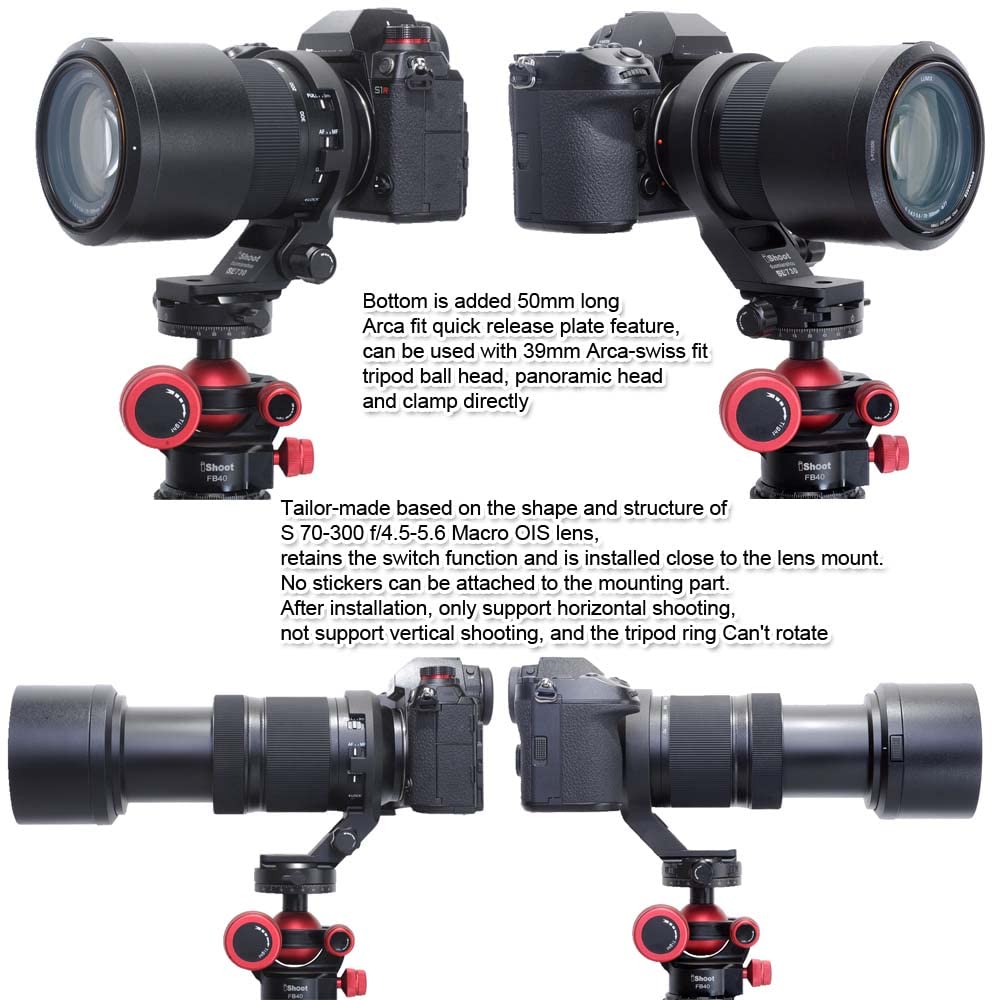 iShoot Objektivkragen Stativhalterungsring kompatibel mit Panasonic Lumix S 70-300 f/4.5-5.6 Makro OIS, Objektivstützhalterung unten ist Arca-Swiss Fit Kamera Schnellwechselplatte für Arca Fit Klemme