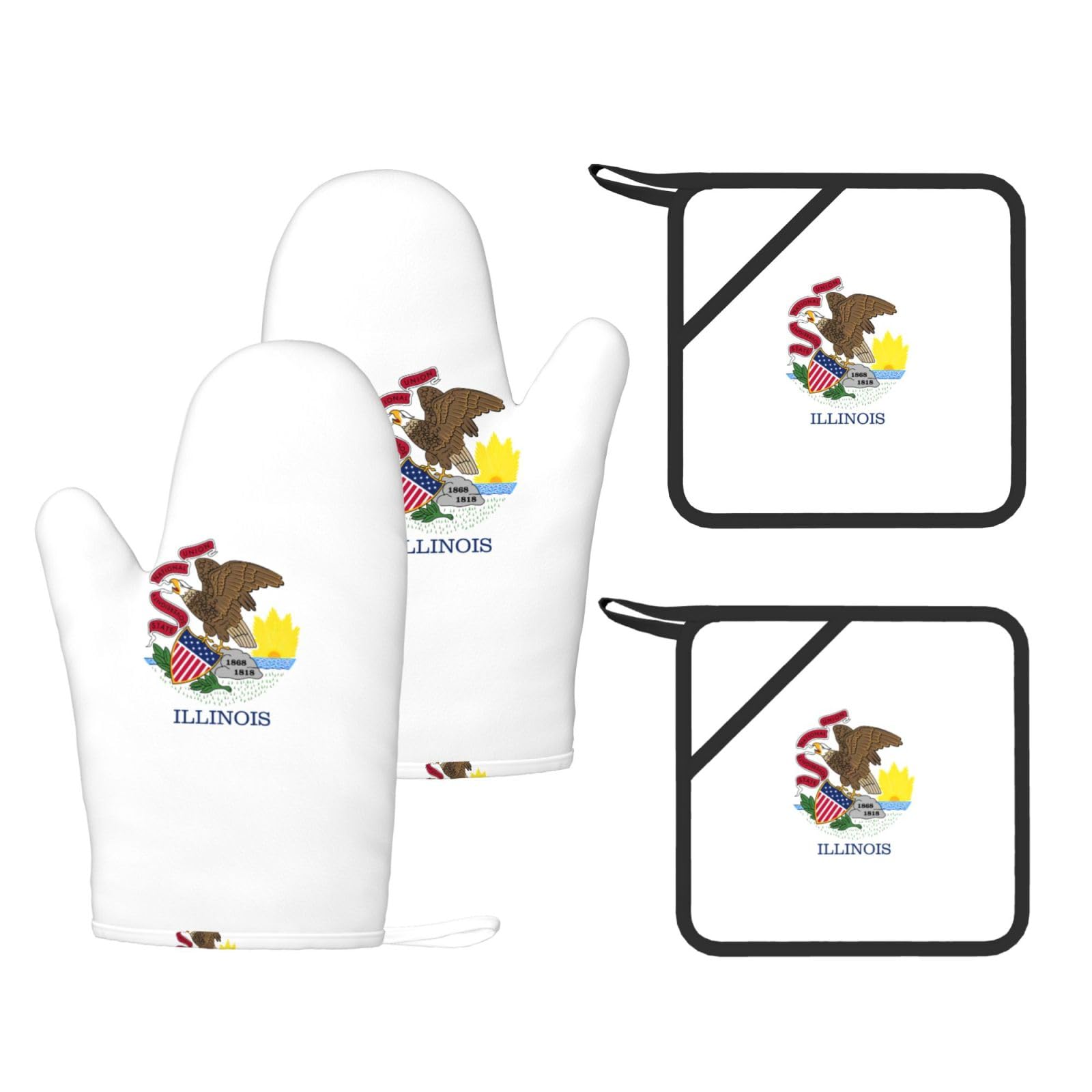 Nimongt Black Illinois State Flag Print Heat Resistant Gloves Pads Reusable Kitchen Set Oven Baking Grilling Cooking