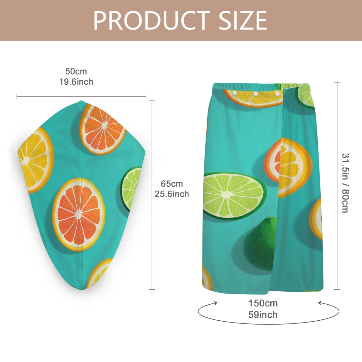 2 Sets Mikrofaser-Duschtuch mit Haarhandtuch, Zitrusscheiben, Grapefruit, weiche Körperwickel, Kleid mit Haartrocknungskappe für Strand, Pool, Spa