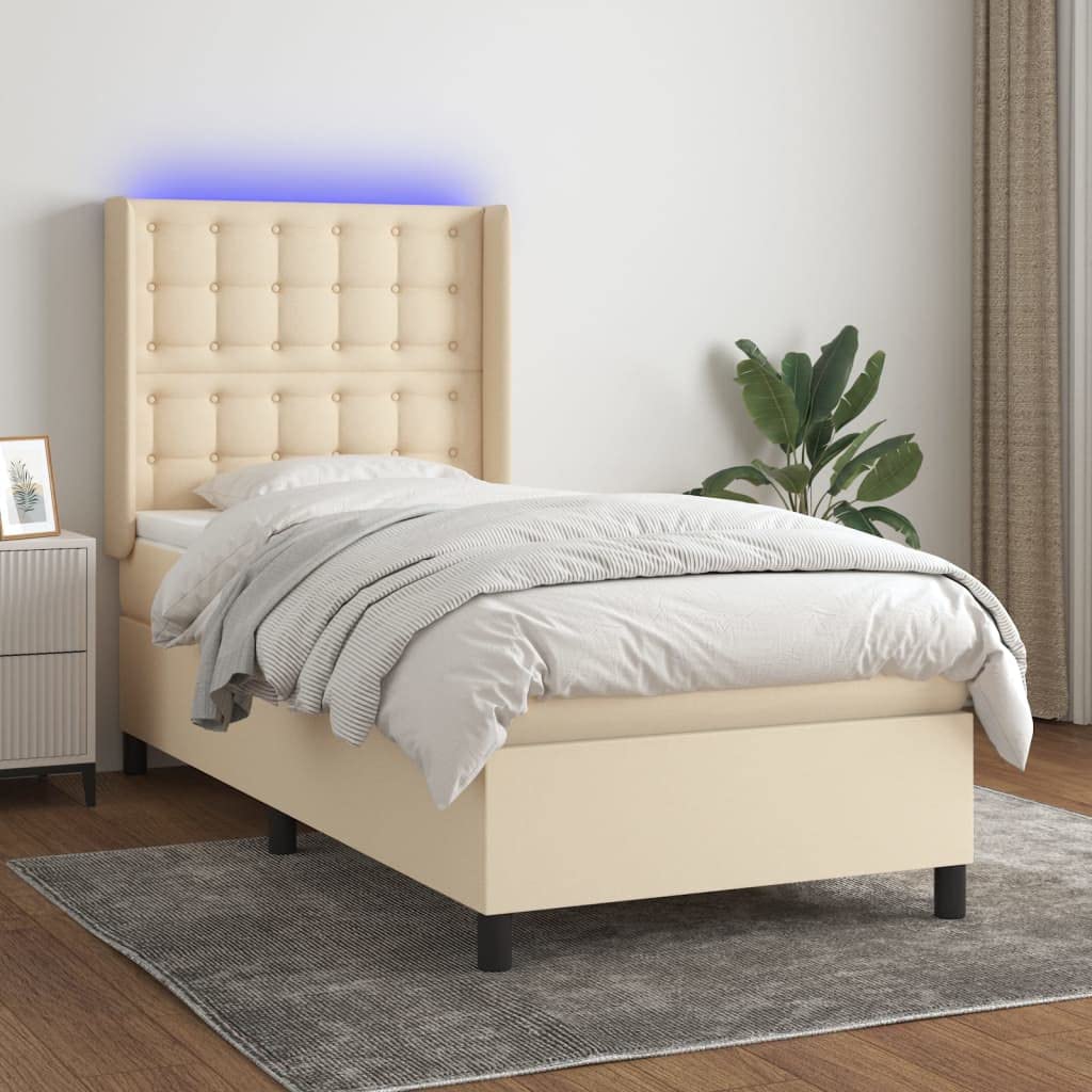 tkanina LED regulowany zagłówek kremowy 80x200 cm | Łóżko kontynentalne 80x200 z materacem sprężynowym, kremowe, tapicerowane, z regulowanym zagłówkiem i diodami LED, do