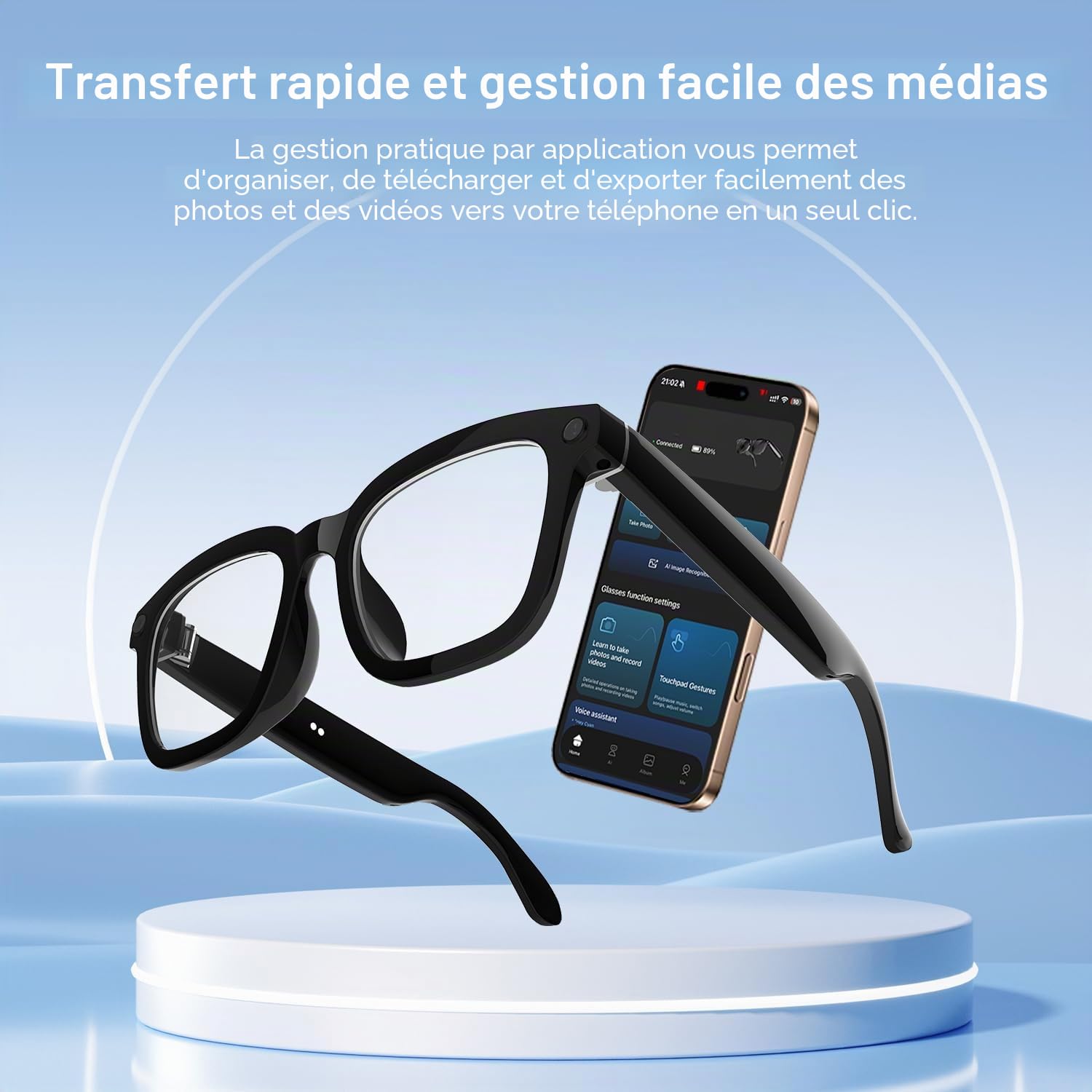 AI Smart Glasses Caméra HD 1200P avec 8 MP Anti-tremblement, lentilles photochromiques pour l'extérieur et Les Voyages, Enregistrement vidéo, Reconnaissance des Objets AI et intégration