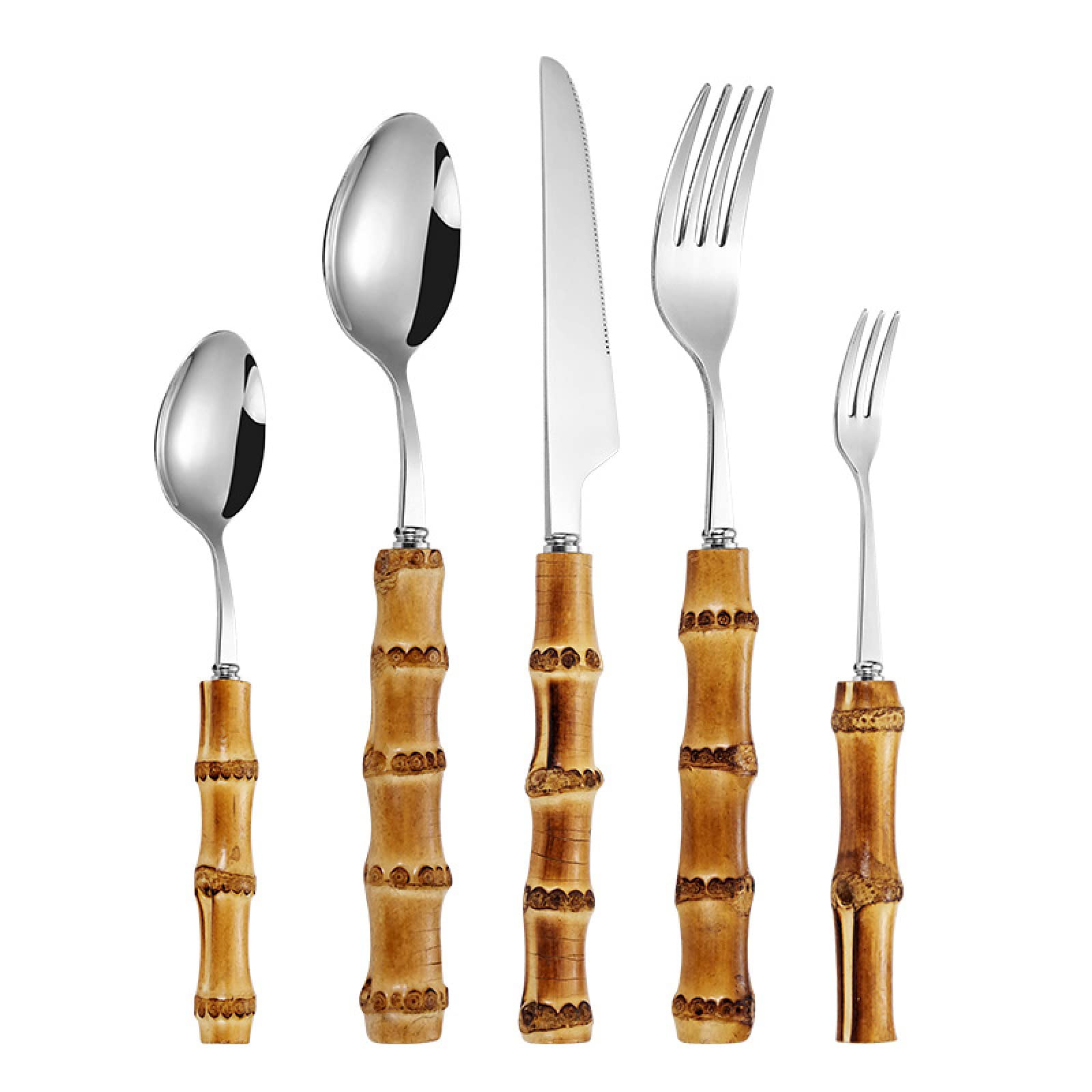 Juegos De Cubertería Juego De Vajilla De Bambú Vajilla Retro Con Mango Natural De Acero Inoxidable Cuchillos Para Carne Tenedor De Mesa Cuchara 30Uds.