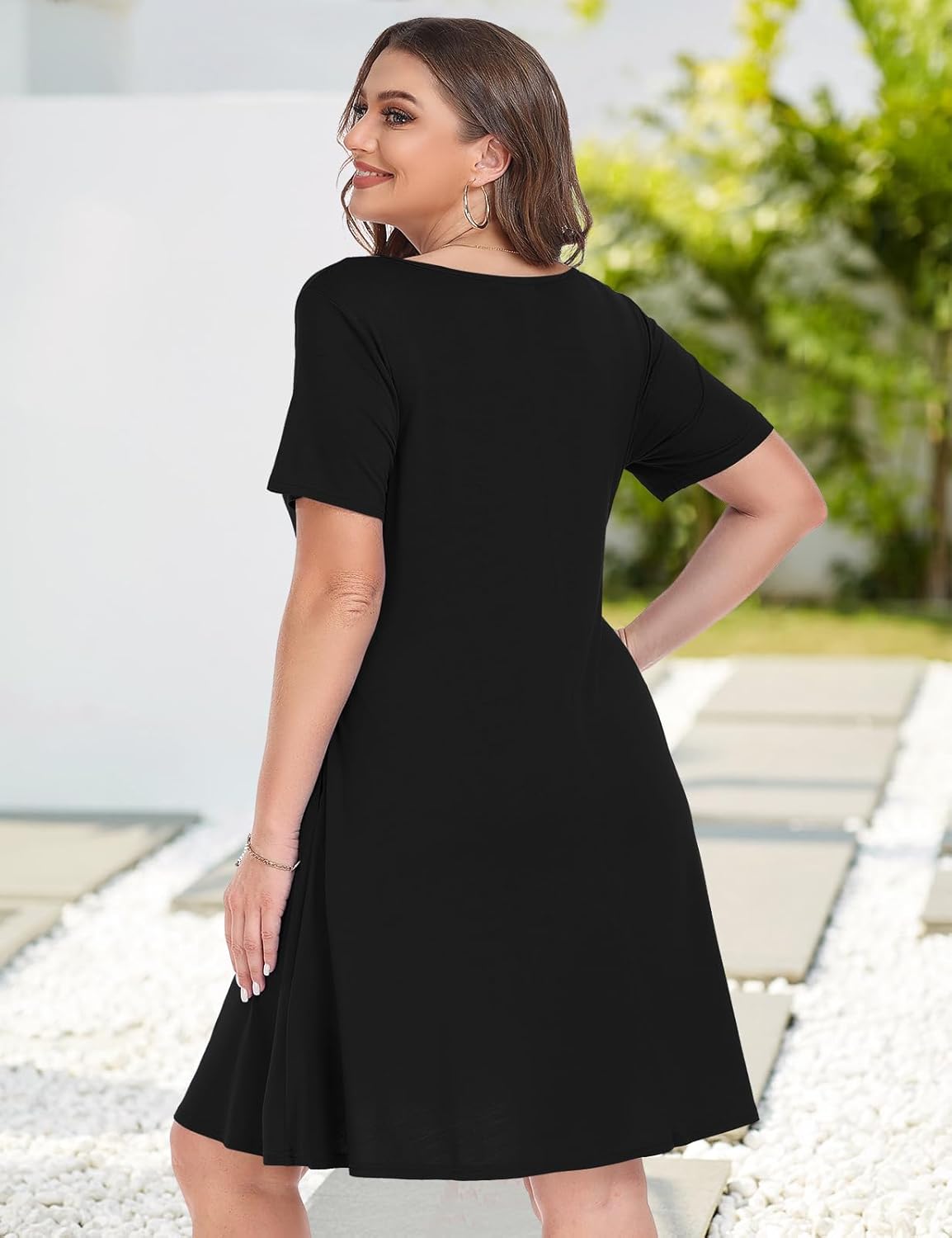 MONNURO Women's Casual Summer T Shirt Plus Size Dress Loose Short Sleeve V Neck Tunic Dress with Pocket - Image 3