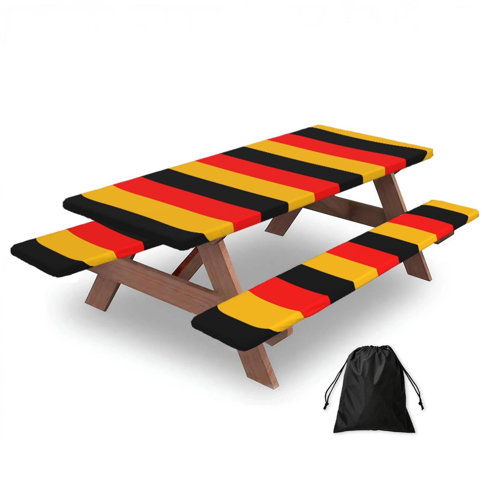 Hhbiuuo Black 72In Camping Table Cover & Bench Covers 3-Pack Set, Germany Flag Print Tablecloths, For Rectangle Tables Picnic