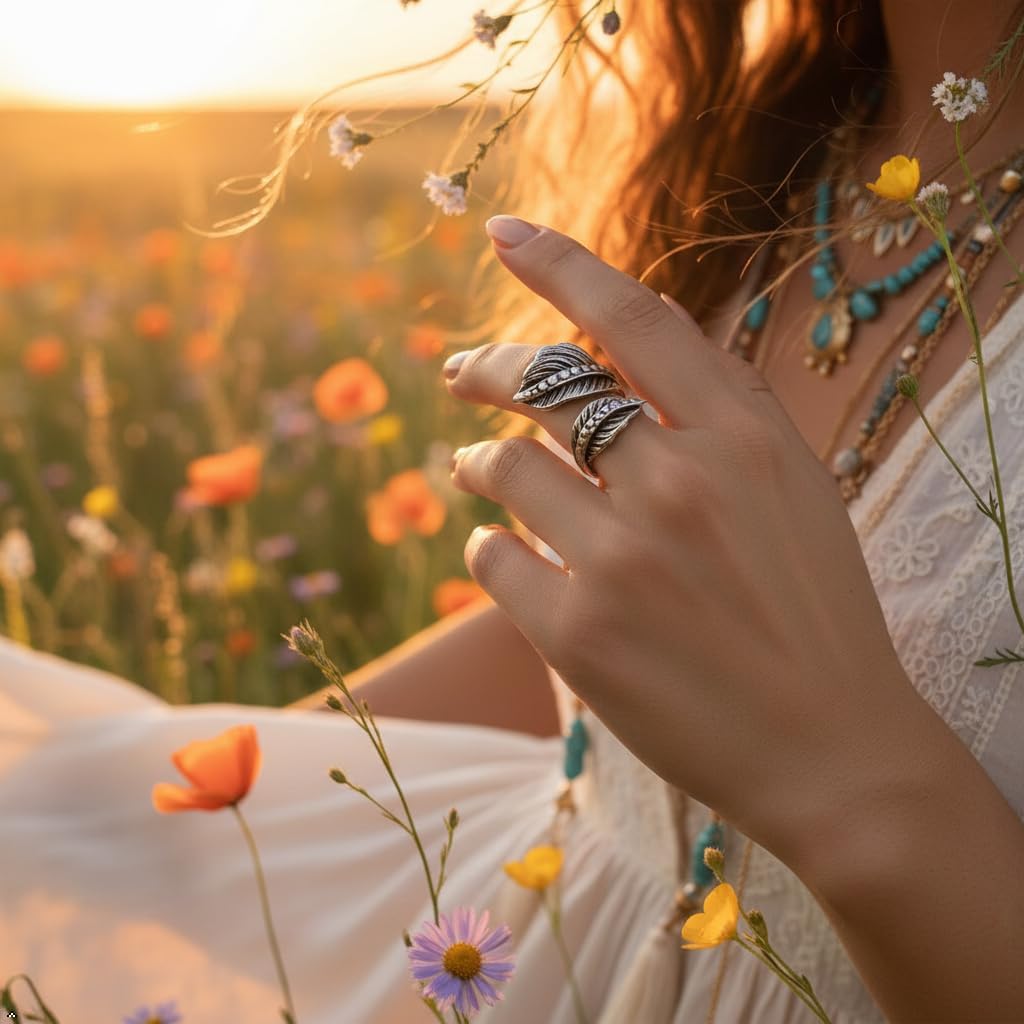 Statement Ring for Women, Oxidized Silver-Plating Over Pewter for Vintage Look, Feather Wrap or Leaf Design, Adjustable Band, Nature-Inspired Boho Design, Hypoallergenic