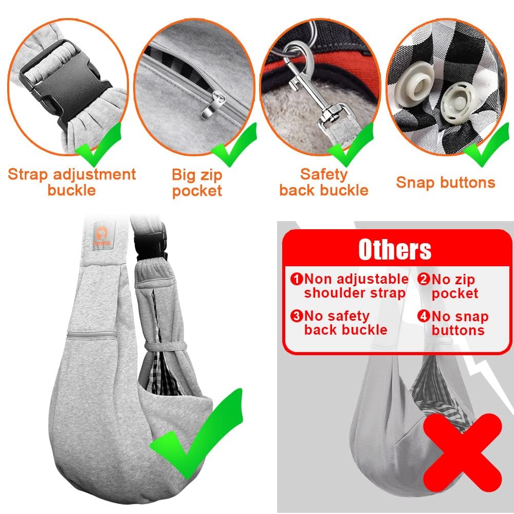 Tomkas Dog Carrier Sling - Pet Carrier for Small Dogs and Cats, Adjustable Strap, Zip Pocket, Snap Closure (Grey, M - Adjustable Strap EU)