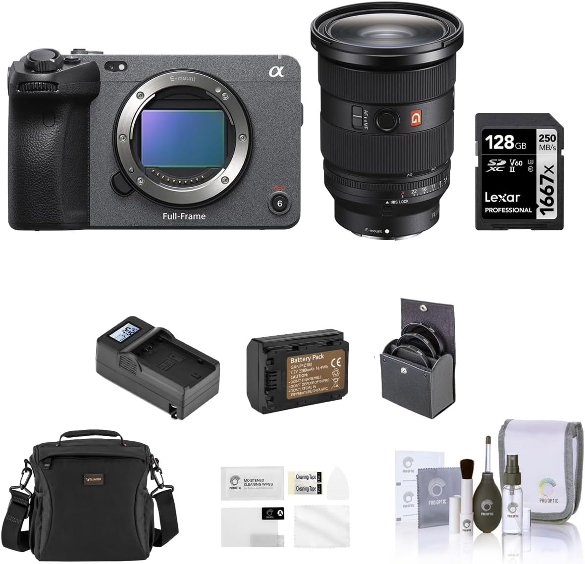 Sony FX3A Full-Frame Cinema Line Camera with 24-70mm Lens, Bundle 128GB V90 SD Memory Card, Shoulder Bag, Extra Battery, Charger, 82mm Filter Kit, Screen Protector, Cleaning