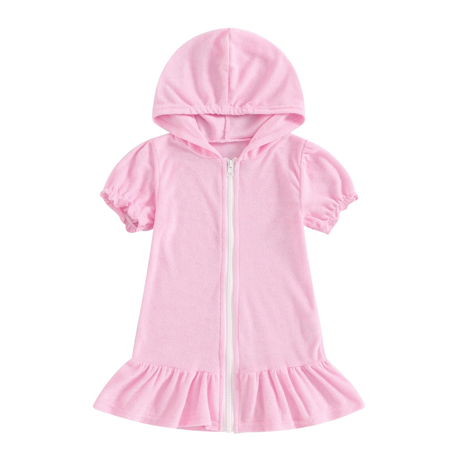 Geagodelia Girls Beach Cover Up Dress Zip Up Hooded Swimming Towels for Kids Toddler Short Puff Sleeve Terry Towelling Soft Changing Robe Towel (Solid Candy Pink, 2-3 Years)