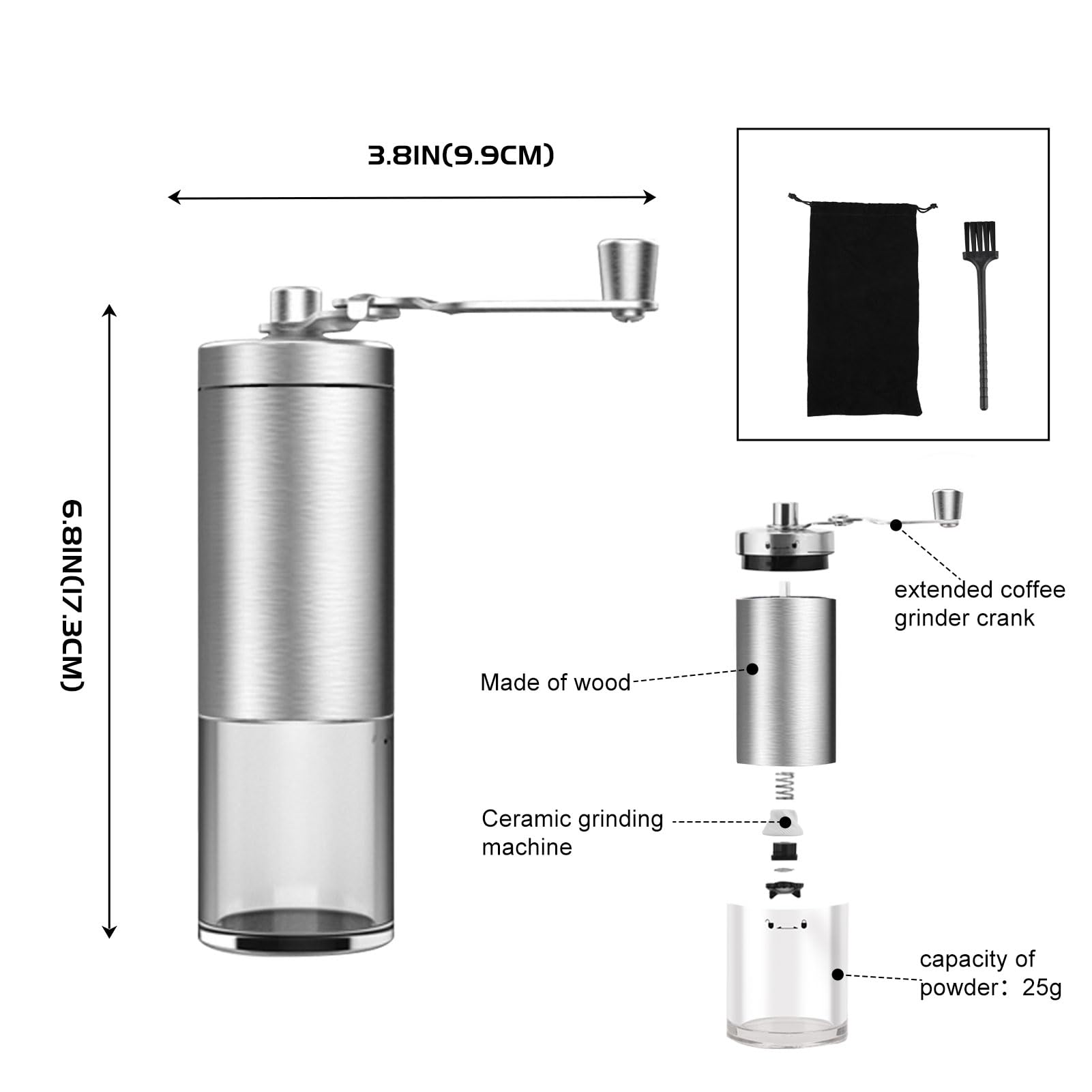 Molinillo Cafe Manual, Molinillo de café manual con mecanismo de cerámica, molinillo de café a mano, grado de molido ajustable, Molinillo Cafe Coffee grinder para todo tipo de café (acero inoxidable)