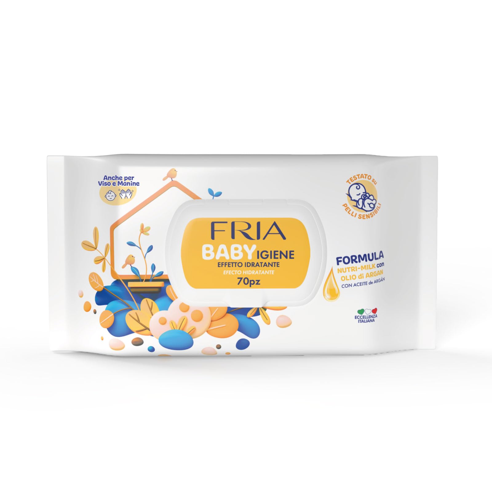 Fria Baby Salviette per Cambio Pannolino con Olio di Argan e Nutrimilk, Idratanti, 70 Pezzi