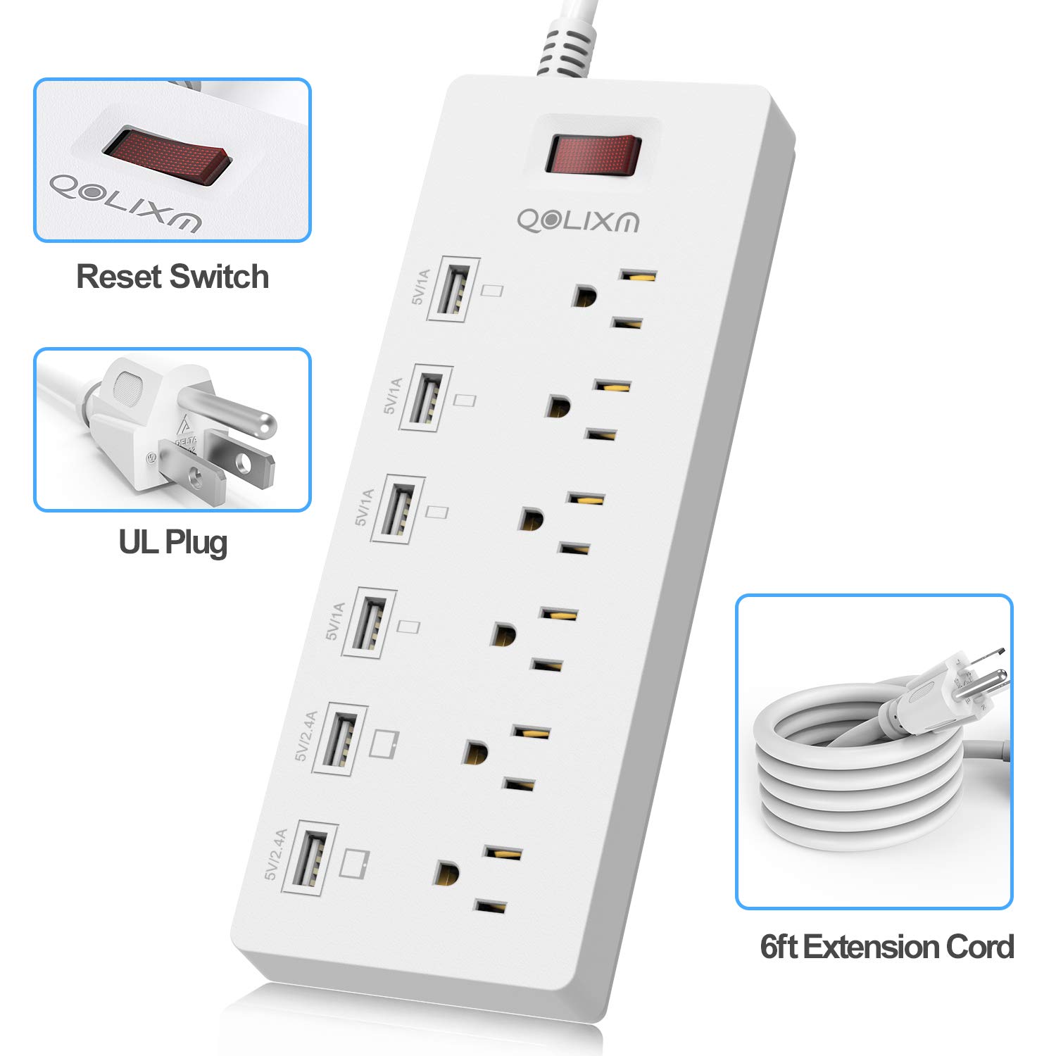 Power Strip Surge Protector z portami USB Płaska wtyczka z ochroną przed przeciążeniem (White)