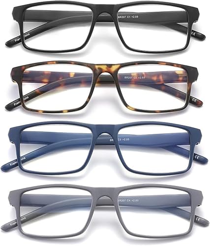 JAWSOCK Paquete de 4 lentes de lectura con bloqueo de luz azul para hombres y mujeres, marco rectangular para lectura de computadora con bisagra de JAWSOCK Paquete de 4 lentes de lectura con bloqueo de luz azul para hombres y mujeres, marco rectangular para lectura de computadora con bisagra de