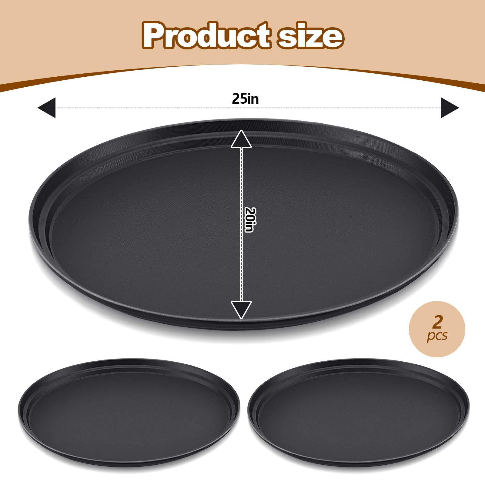 FillTouch 2 bandejas ovaladas grandes de 25 x 20 pulgadas de plástico PP negro antideslizante con forro de goma para cocina, comedor, cafeterías, servicio de comida rápida