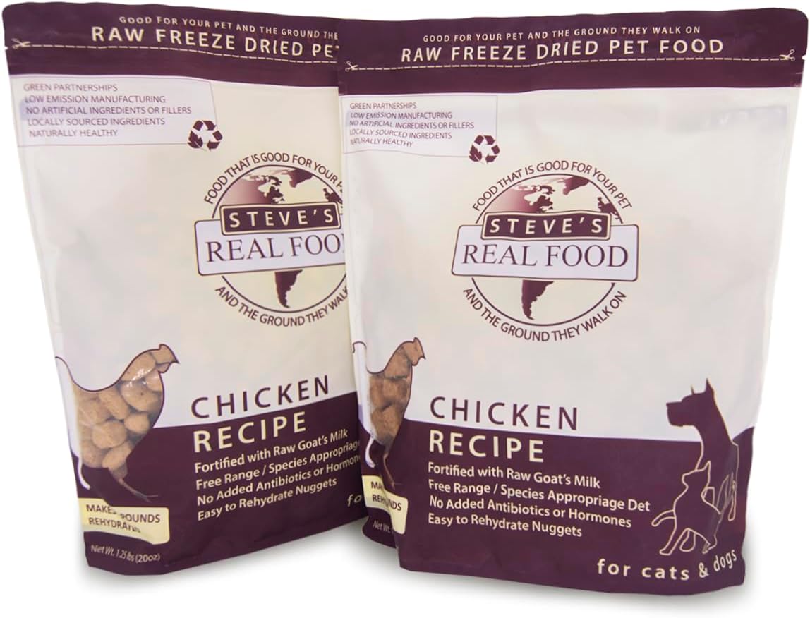 Steve's Real Food Freeze-Dried Raw Food Diet for Dogs and Cats, 2-Pack, Chicken Recipe, 1.25 lbs in Each Bag, Made in The USA, Pour and Serve Nuggets, Vegetarian Fed & Free Range
