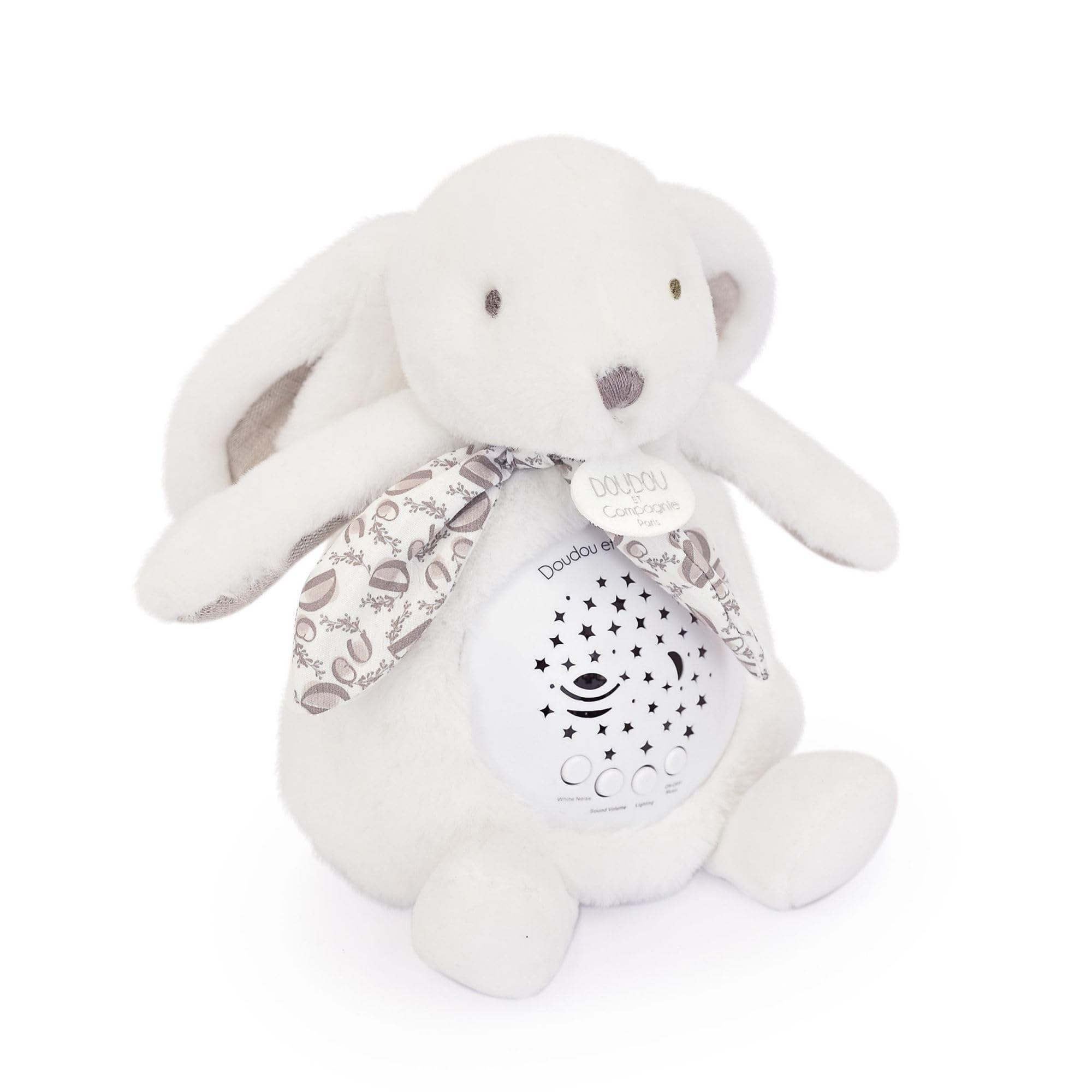 DOUDOU AND COMPAGNIE - Muzyczna lampka nocna z białym królikiem z projekcją gwiazd - Pluszowa przytulanka z melodiami i kojącymi światłami - Baby Night Mate - Pomysł na prezent z okazji narodzin