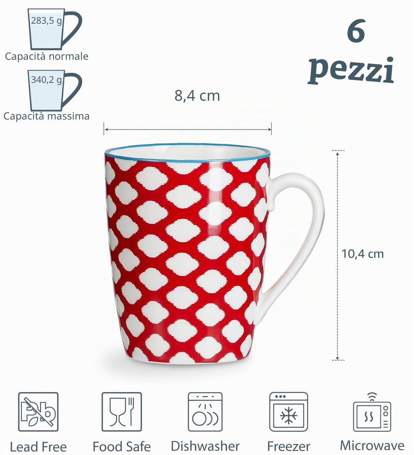 ONEMORE Set di 6 Tazze da Caffè - Set di Tazze in Ceramica da 355 ml - Tazze Grandi per Tè, Caffè e Cioccolata Calda