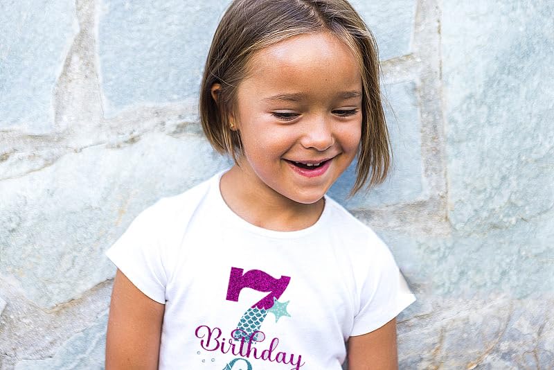 7th Birthday Shirt for Girls, Dress for Girls, T Shirt for 7 Year Old Gift Outfit, Decoration Mermaid Clothes White Style B4