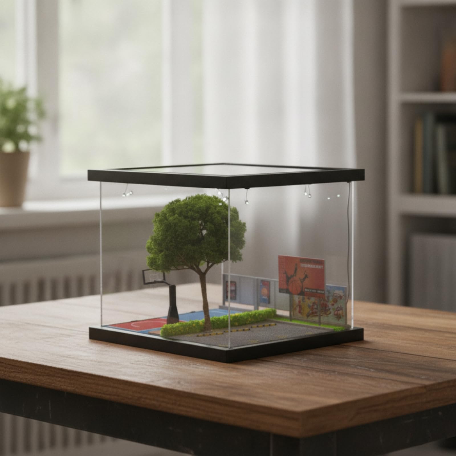 MagiDeal Diorama Strada in 1 64 Miniatura Ambientazione Cittadina Modello Scenico Vetrina Stradale con Copertura Trasparente Base Ebano Segnaletica Verde
