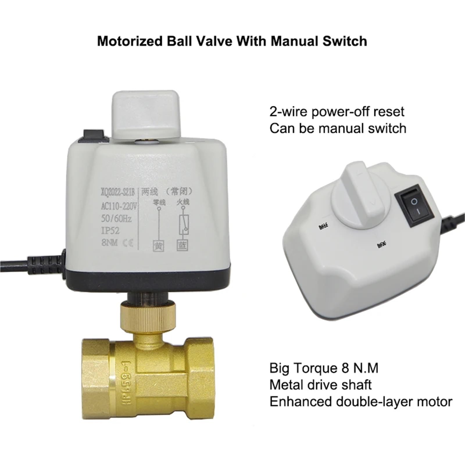 Valvola a sfera motorizzata da 1/2" 3/4" 1" 2" con interruttore manuale in ottone, 2 fili, reset di spegnimento, coppia di serraggio 8 N·m, valvola 220 V 24 V 12 V(1-1/2",12VDC_NC)