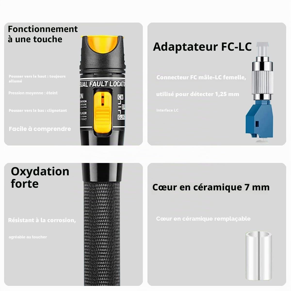 Testeur de Fibre Optique 50MW FTTH, Localisateur visuel de défauts de Type Stylo avec Adaptateur FC-LC, Lumière Rouge, Testeur de Câble 50Km (Jaune)