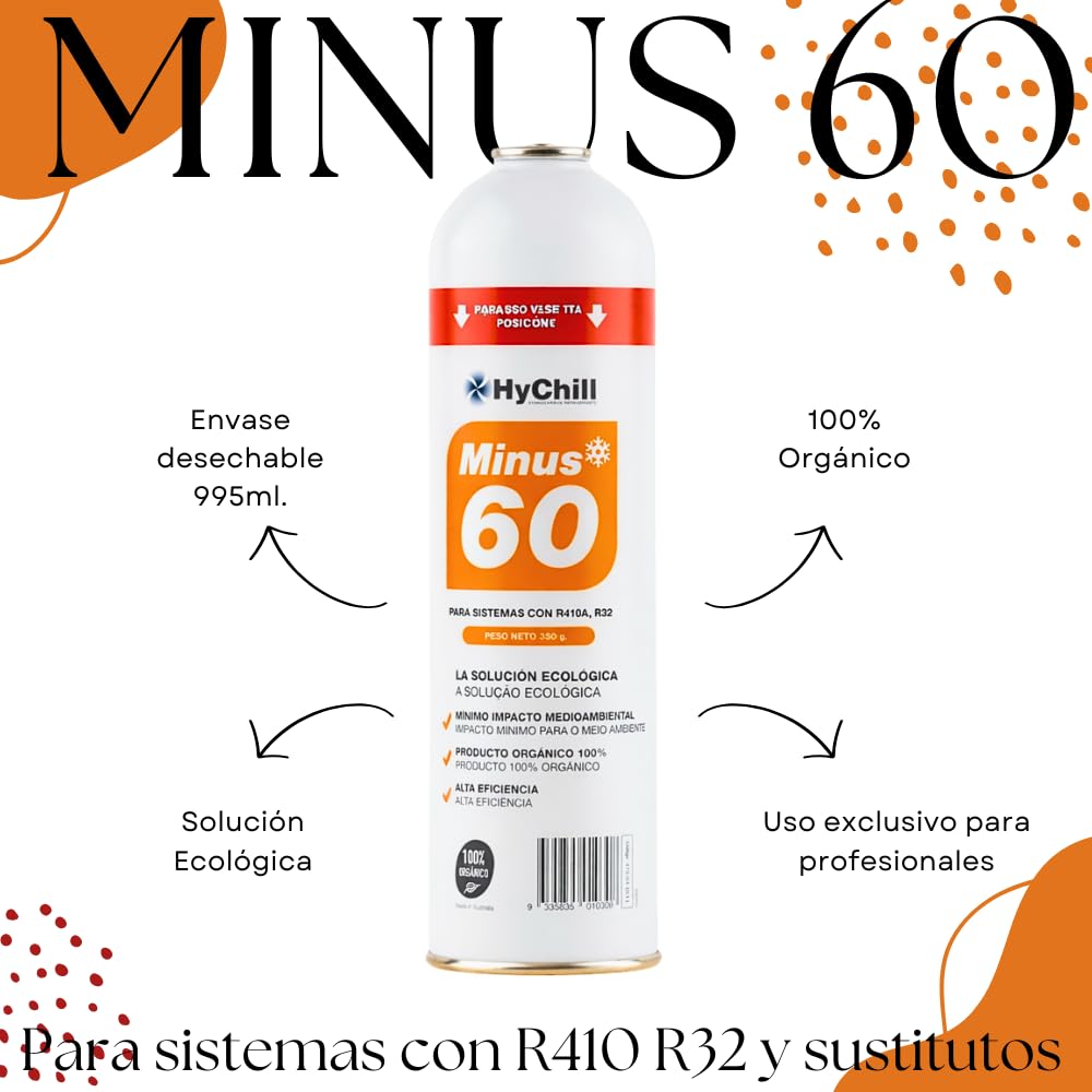 HyChill Minus 60 Refrigerante Técnico Orgánico - Envase Desechable 995 ml - 350gr Carga Neta - Uso Profesional - para Aplicaciones de climatización y refrigeración (3 ENVASES)