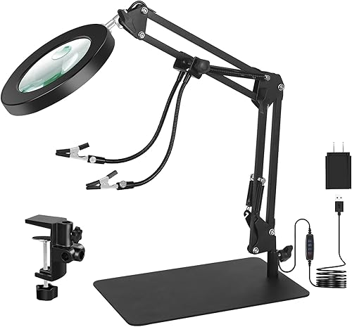 Lupa con luz, lámparas de lupa 5X10X, lupa 3 en 1 con soporte y clips flexibles, lupa iluminada de 3 colores de 10 brillo para manualidades,