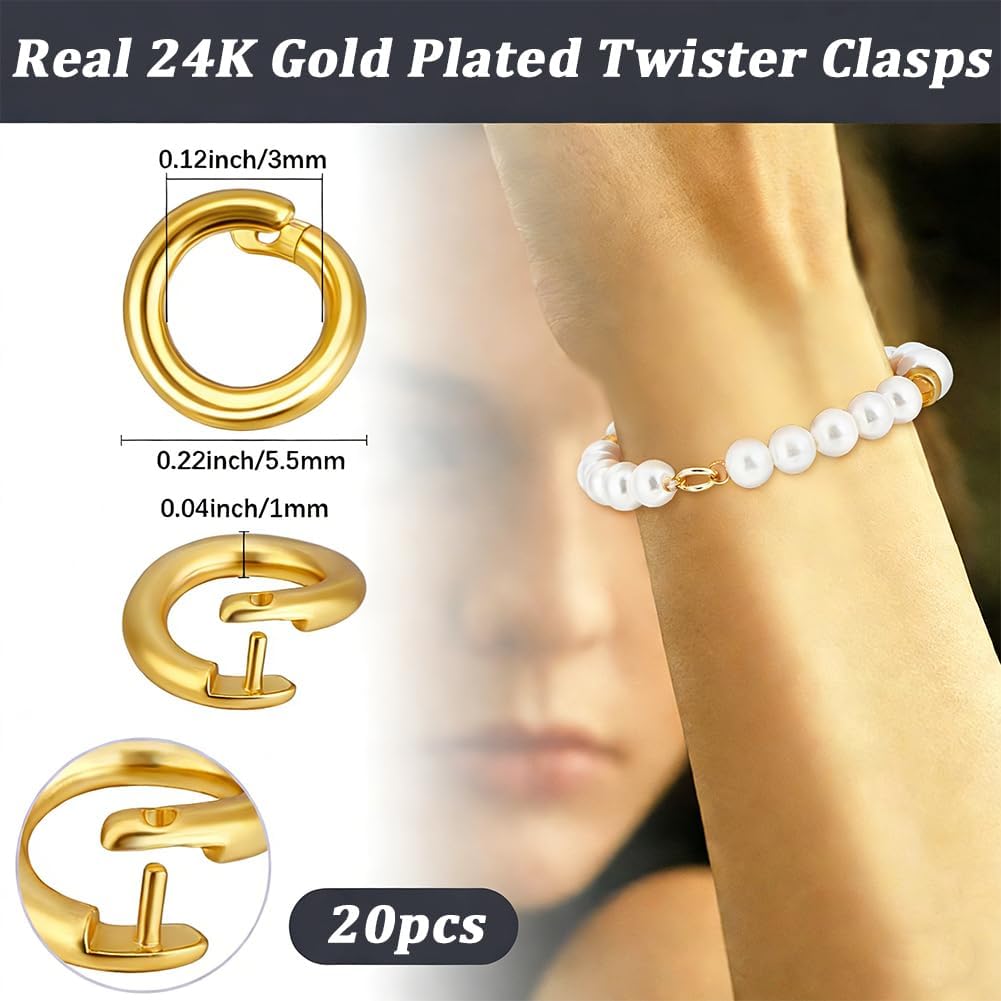 Beebeecraft 1 Box 50Pcs Locking Jump Rings Real 24K Gold Plated Round Circle Clasp Connector OD 5.5mm ID 3mm Split Jump Rings for Necklaces Pendants Earrings Bracelets Jewelry Making Findings