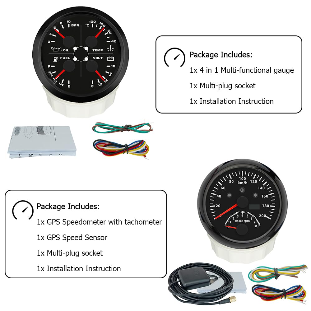 ELING Compteur de vitesse GPS 2 en 1 de 85 mm 200 km/h compteur kilométrique avec tachymètre compte-tours du moteur avec niveau de carburant multifonction 4 en 1 pression d'huile