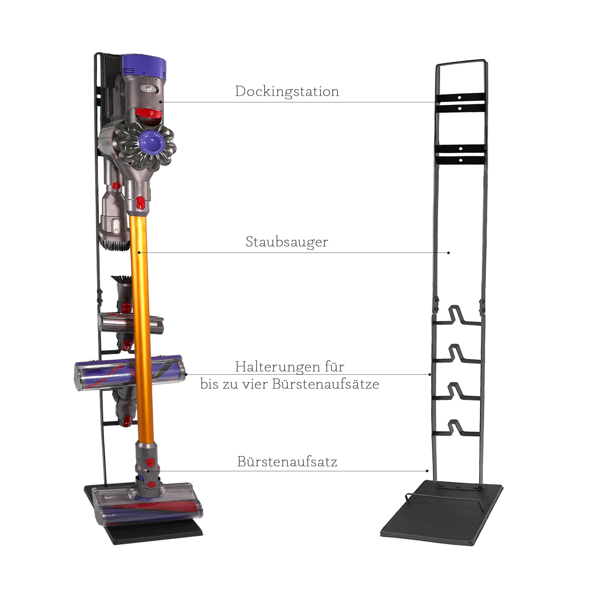 Universal Staubsauger Halterung für Akkusauger, Handstaubsauger, Bodenständer, Zubehörhalter, Standfuß, Staubsauger Ständer nimmt viel Zubehör und die Ladestation auf, kein Bohren, schwarz