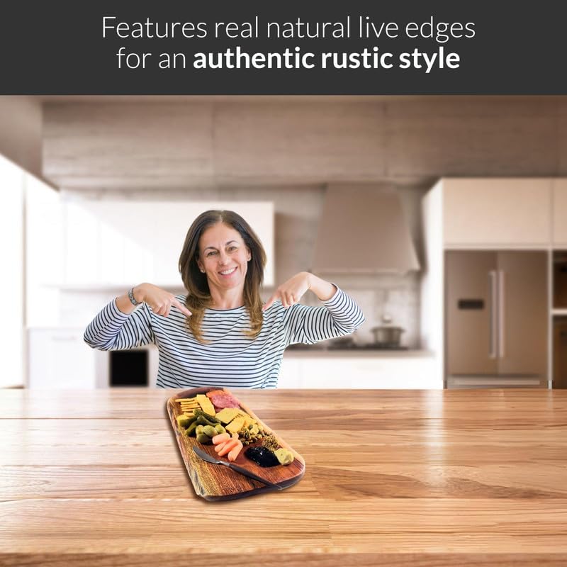 Miniatura 5 de Tabla de embutidos de acacia de borde vivo natural de primera calidad con mango redondo