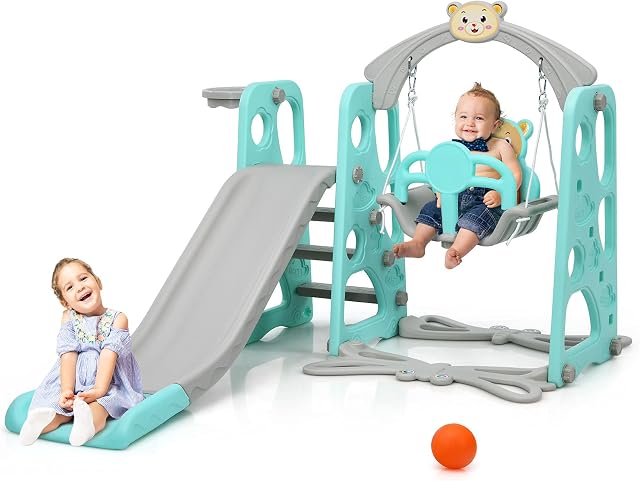 Maxmass 4-in-1 Children Slide & Swing Set, Toddler Playground Playset with Basketball Hoop, Ball and Safety Belt, Indoor Outdoor Kids Play Area for 1-6 Years Old (Green)
