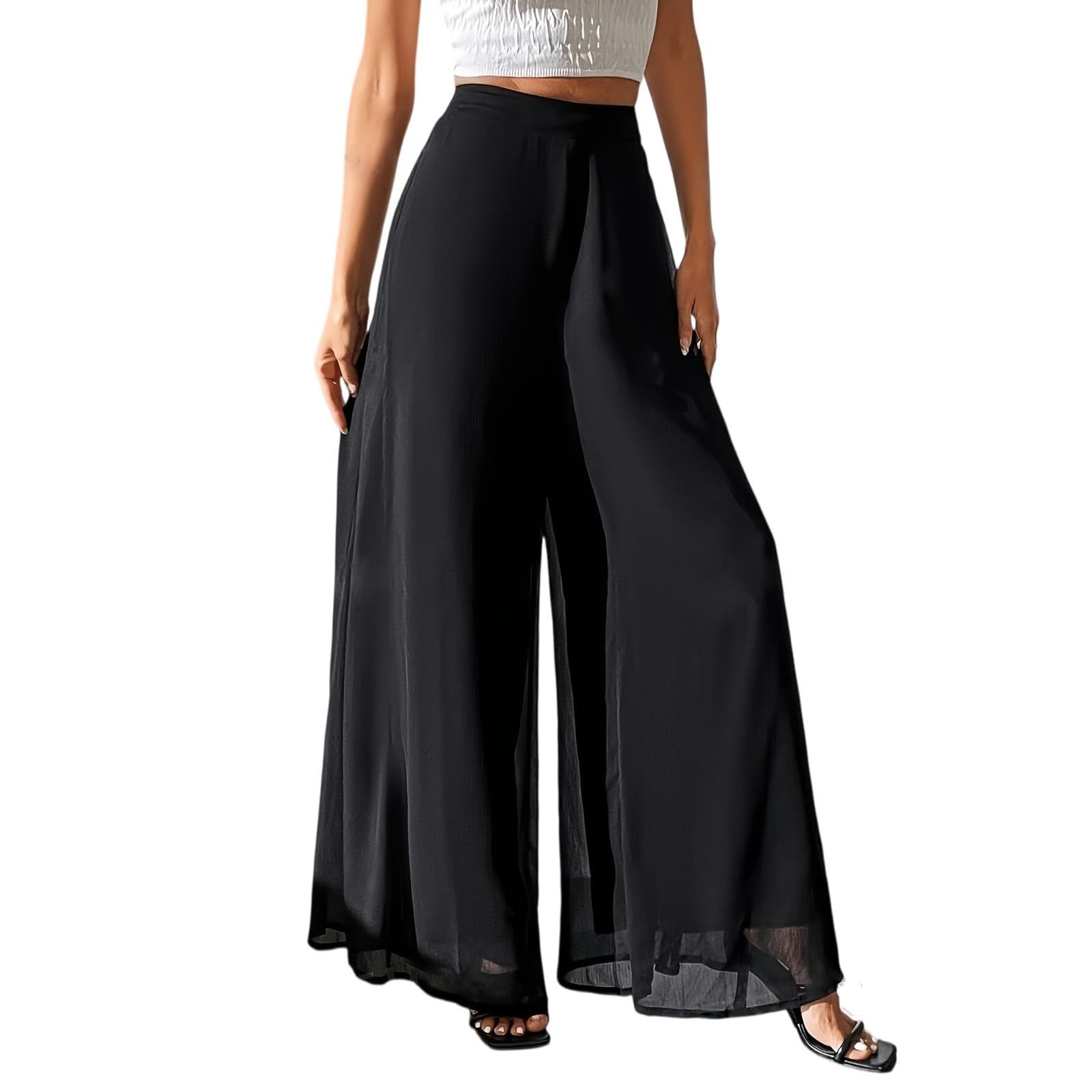 Womens High Waist Wide Leg Pants Chiffon Palazzo Loose Fit Flowy Lightweight Long Trousers Fashion Outfits Clothes