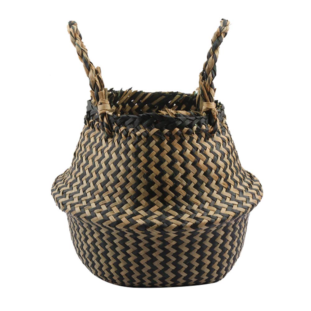 dragonaur Folding Straw Wicker Storage Basket Dual Handle Plant Basket Indoor Planter Decorative Flower Pot Cover Black L