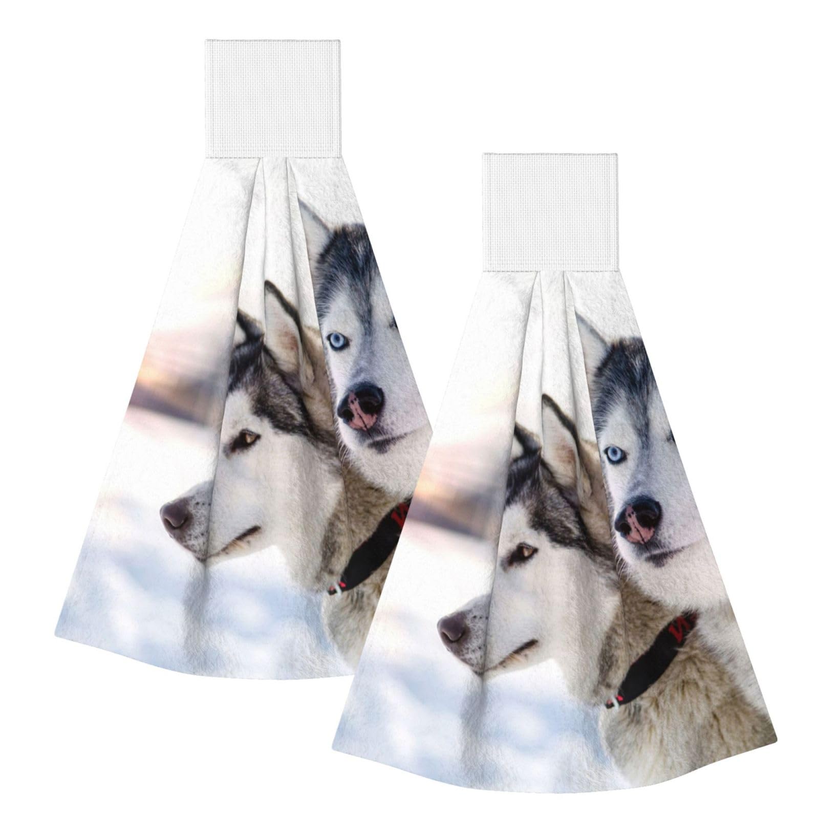 DOPKLNA Two Siberian Husky Dogs, 2 Pcs Hanging Coral Fiber Hand Towels for Bathroom, Absorbent Kitchen Towels