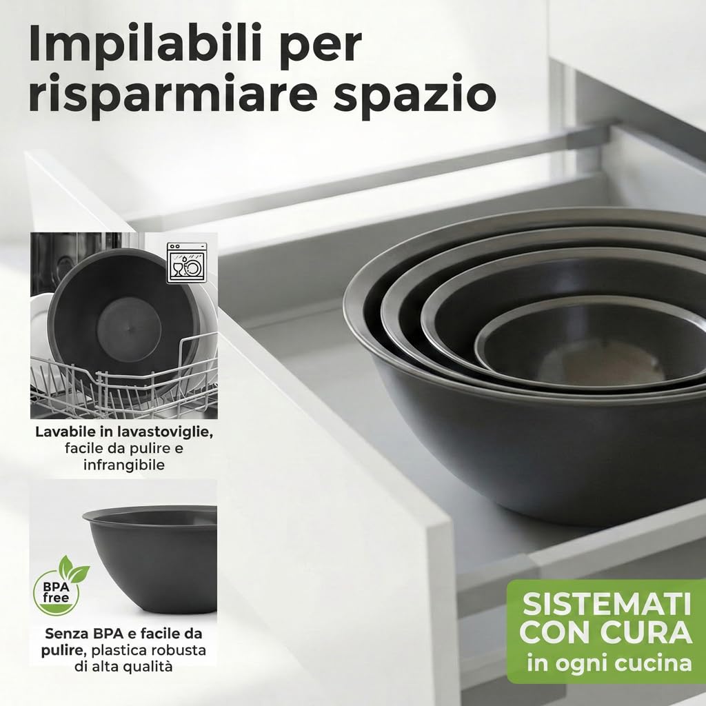 Hausfelder Set di ciotole grande con coperchio, insalatiera plastica, set di ciotole da 0,7-6 L in antracite nero senza BPA, set insalatiere