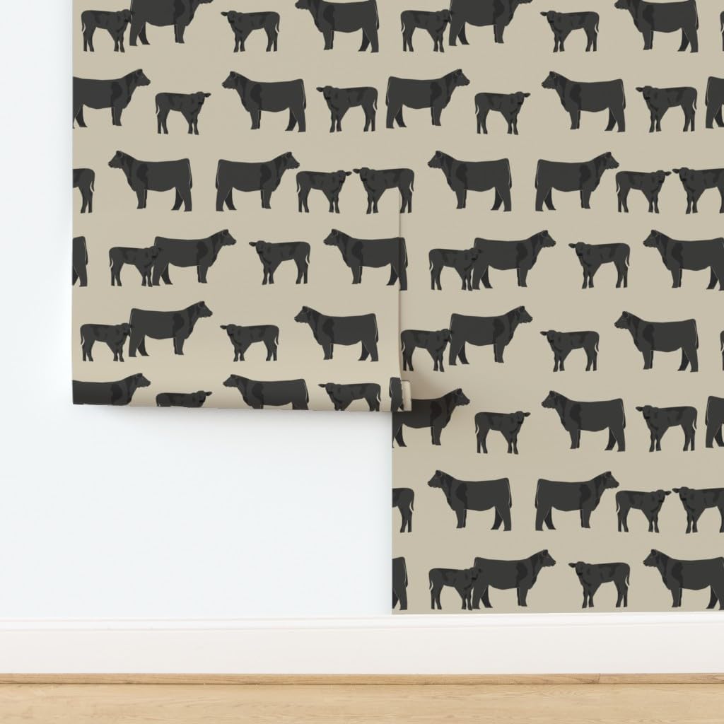 Peel & Stick Wallpaper 3ft x 2ft - Black Cattle Cow Calf Cows Farm Rustic Animals Farmhouse Decor Pet Portrait Custom Removable Wallpaper by Spoonflower