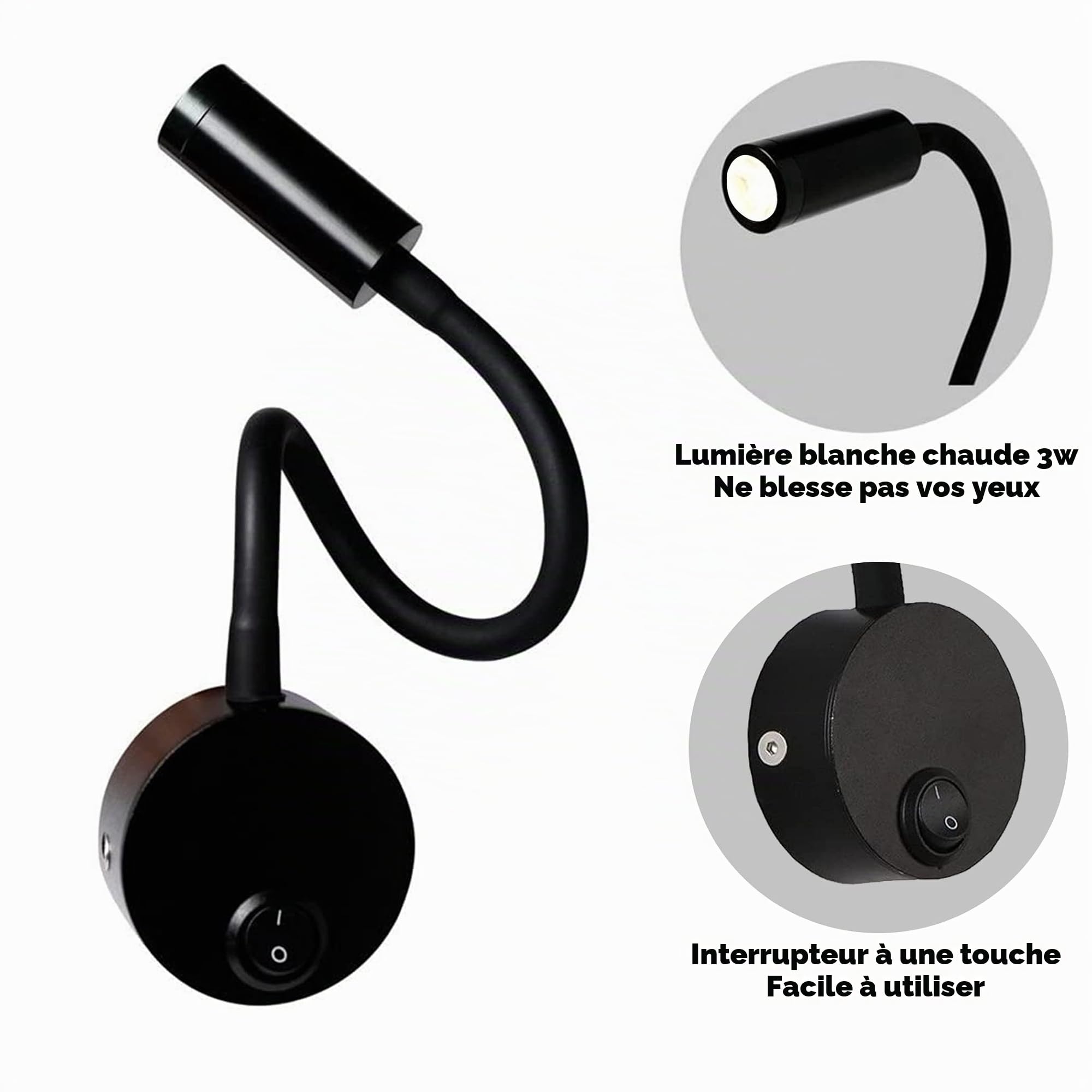 2 Pièces Noire Lampe de Lecture Murale 3W - Applique de Bureau en Aluminium à Cou Flexible Réglable, avec Interrupteur LED Soins des Yeux