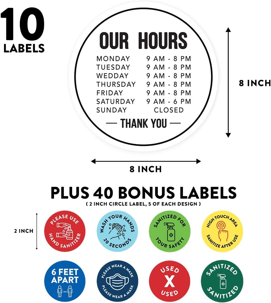 Andaz Press Custom Temporary Store Office Hours for Social Distancing Our Hours Custom Business Signs, 50 Labels, 10-Pack 8" Round Labels + 40-Pack 2" Circle Vinyl Sticker Decals
